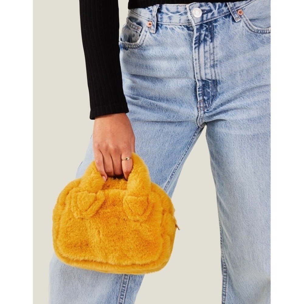 Women Faux Fur Shoulder Messenger Bag Handbag Furry Fluffy Cute Gold Casual NWOT
